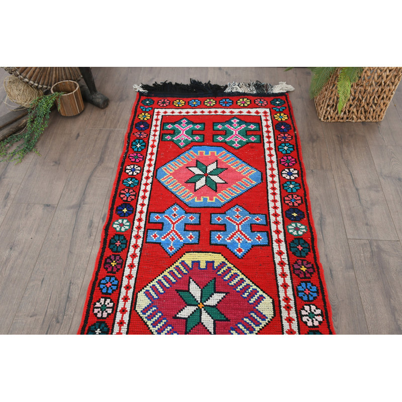 Tapis de couloir en laine rouge 31,9 x 155,5 pouces, conception unique faite à la main