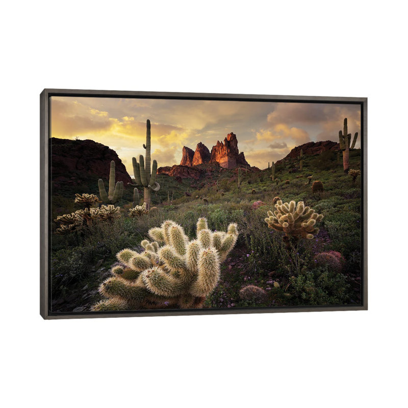 Arizona Desert Sunset, 40" H x 60" W x 1.5" D, Dark Rustic Wood Floater Framed Canvas