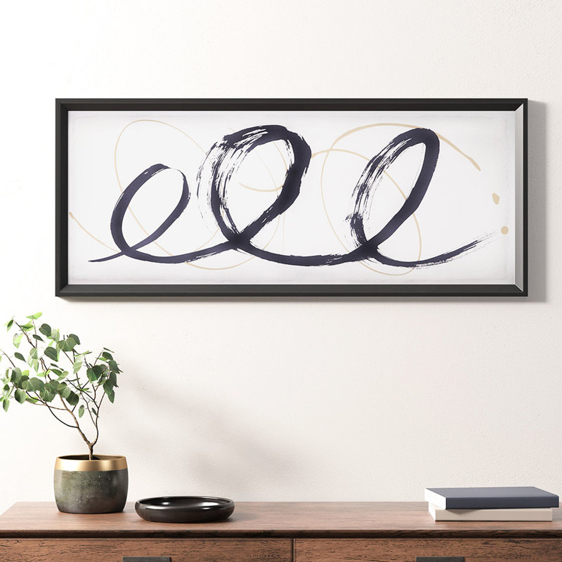 Grand art mural encadré en verre, abstrait noir et or, 41 x 17 pouces, coup de pinceau moderne, l 41 po x H 17 po
