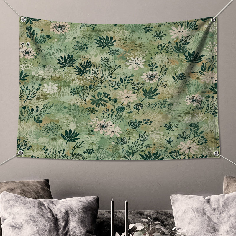 Tapisserie murale motif floral, H 68 po x l 80 po avec 4 œillets