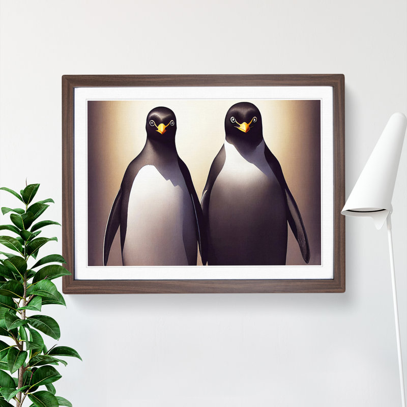 XH1022-6750X Pair Of Penguins - Single Picture Frame Painting, 46cm H x 64cm W x 2cm D, Walnut Framed