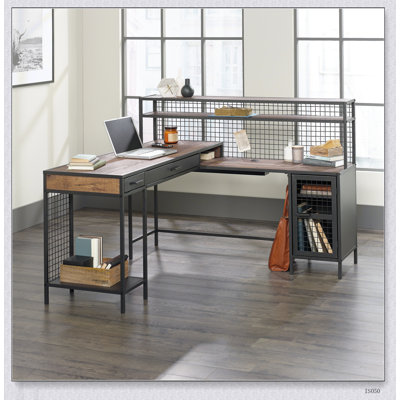 Bureau industriel en forme de L avec plateau spacieux, 2 tiroirs, tablettes et porte grillagée pour les espaces de travail modernes