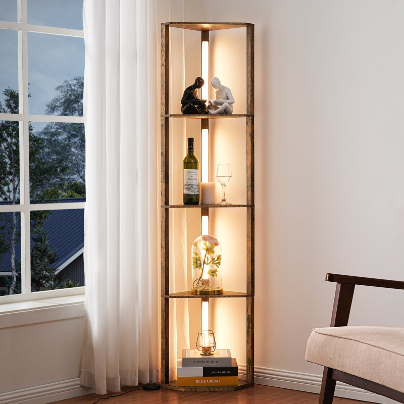 Lampe sur pied à DEL à intensité variable avec tablettes Carrye, Palissandre