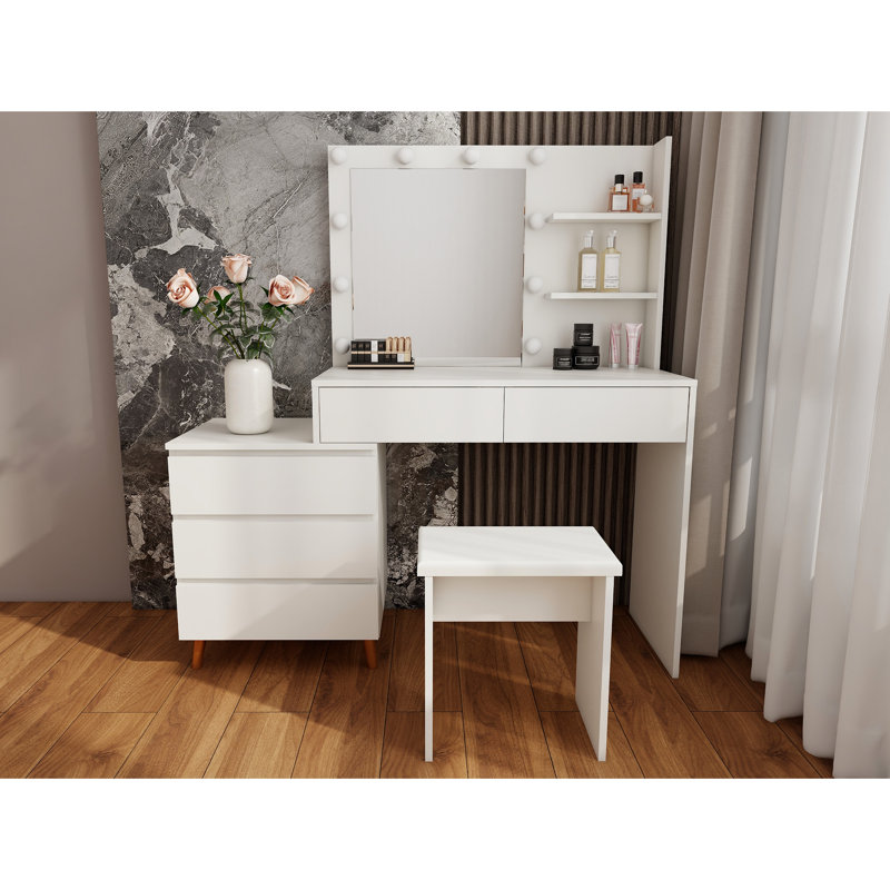 Led Lighted White Beauty Vanity With Mirror, Storage Compartments, And Stool, Material, 54.97 In Depth, 15.33 Width Makeup Drawers, Ergonomic In Small Bathrooms, , 105.15 Lb