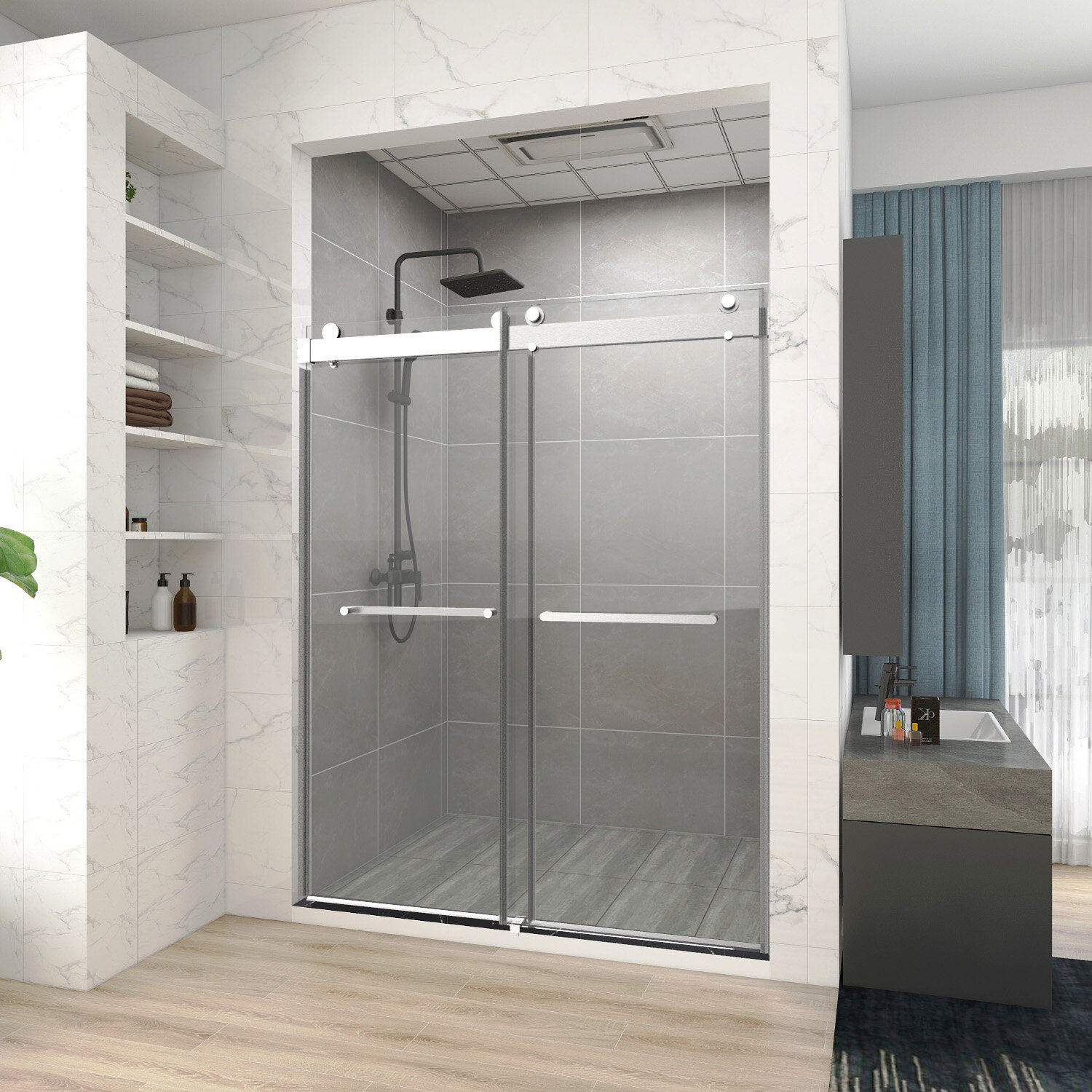 HHK HOME 48'' W 76'' H Semi-Frameless Rectangle Reversible Shower ...