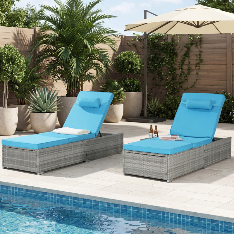 Outdoor Chaise Lounge Chair, Patio Chaise Lounge with 5-Position Backrest, Rattan Outdoor Lounge Chair with Cushion for Poolside, Backyard, Garden