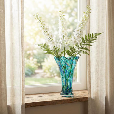 Vase en verre sarcelle soufflé à la main, vase à fleurs à large ouverture de 9 pouces