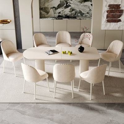 Pearlena 70.87" Modern Rectangle Cream White Dining Table Set with 8 Chairs for Kitchen, Bar, Living Room