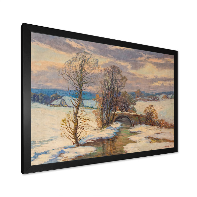 Paysage rétro de rivière d'hiver - peinture sur toile, Cadre d'angle fermé noir, H 8 po x l 12 po x P 1 po