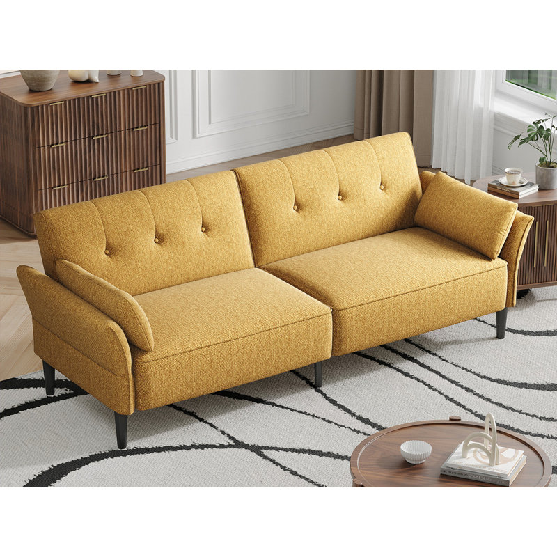 89" Linen Convertible Sofa Couch, Futon Sofa Bed with 2 Square Pillows, Adjustable Backrest & Armrests for Living Room