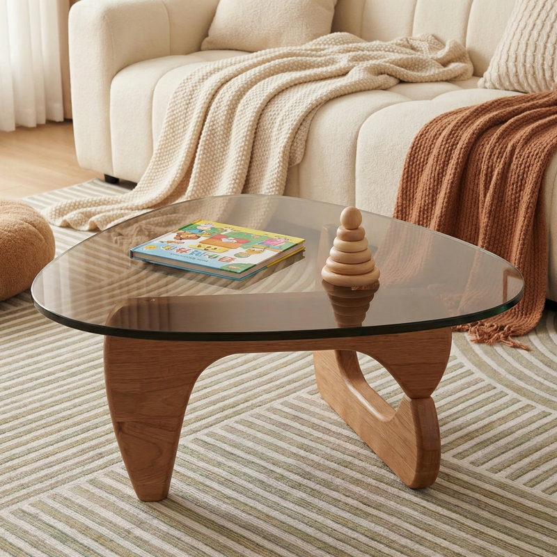 Table basse compacte en verre pour petits salons, plateau en verre gris avec pieds en chêne noyer