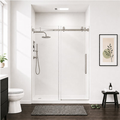 Frameless Single Sliding Shower Door 60"W x 76"H, 1/4" Clear Tempered Glass with Explosion-Proof Film, Brushed Nickel Stainless Steel Square Tube Track & Handle