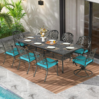 Meetwarm 9-Piece Outdoor Patio Dining Set, All Weather Cast Aluminum Patio Funiture Table And Chairs Set- 94.5" Rectangular Table And 2 Swivel Rocker Chairs, 6 Stationary, Umbrella Hole