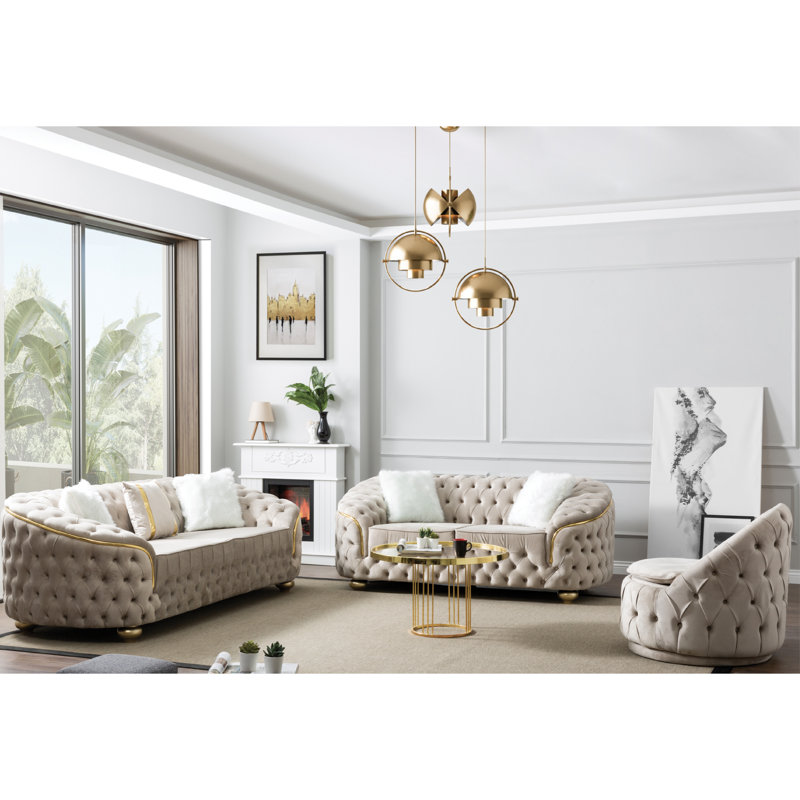 Gonda Velvet Rolled Arm Sofa, Cream, 31" H x 84" W x 36" D 