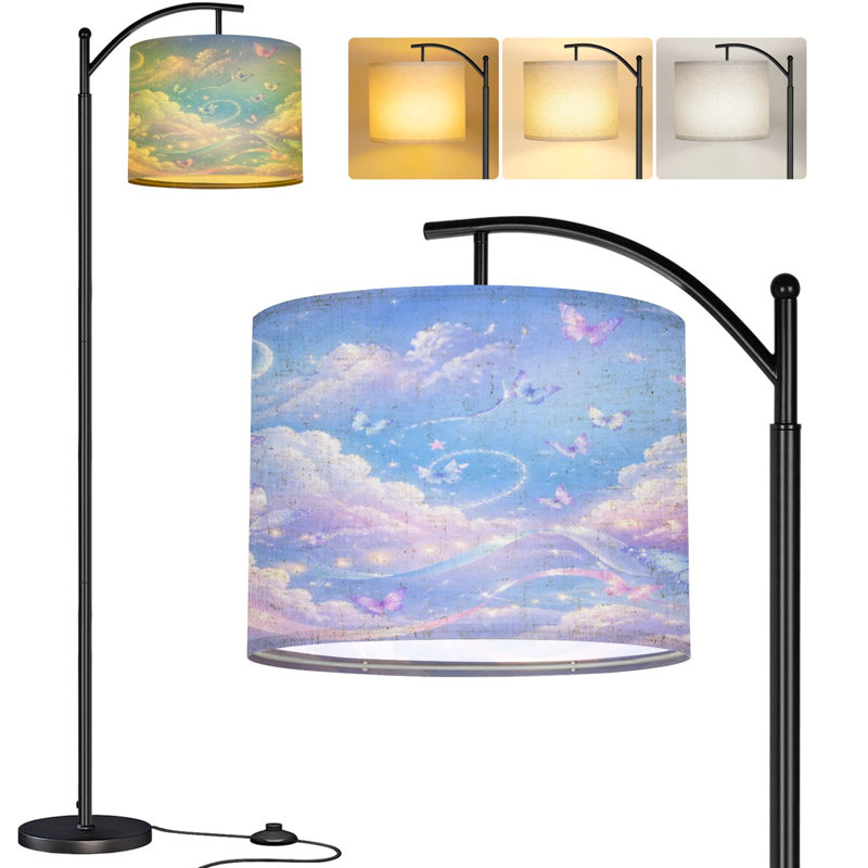  Arc Floor Lamp Whimsical Butterfly Dreamscape Soft Pastel Clouds Ribbons Tall Modern Standing Lamp LED Adjustable Linen Lampshade 3 Color Temperatures