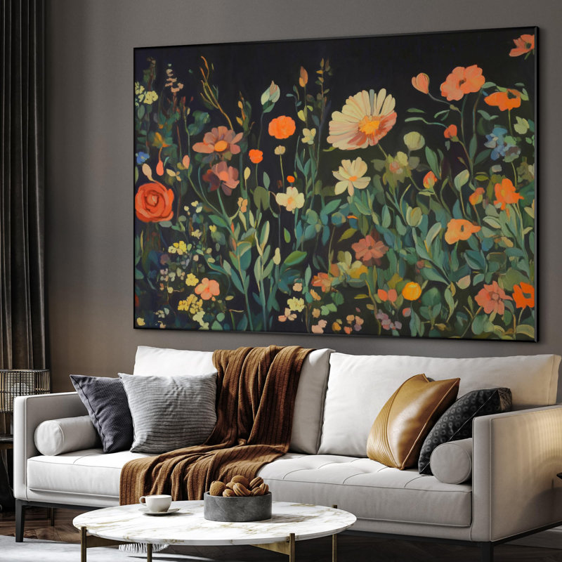 Extra Large Wall Art Fabric Print - Vibrant Wildflower Garden on Dark Background Artwork Decor for Living Room or Bedroom - "Frame Assembly Required (Unfinished Frame)"