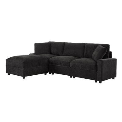 Modern Black Sectionals With Storage, 3-seater L-shaped Polyester Sofa For Small Living Rooms