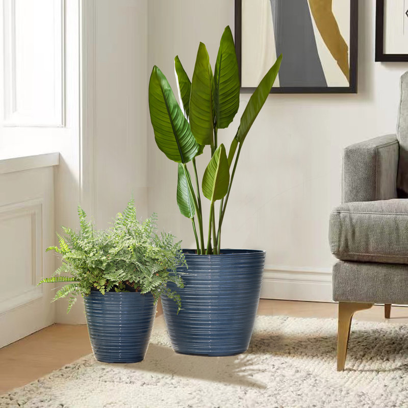 Amiin 2-Piece Tapered Round HDPE Plastic Pot Planter Set, Blue