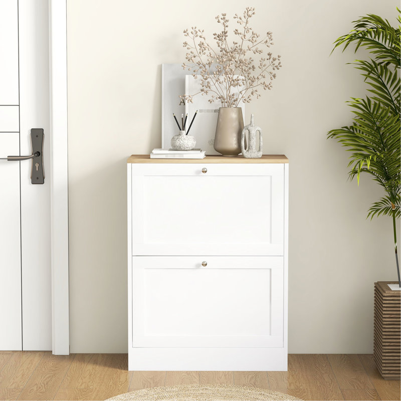 Entryway Shoe Storage - White, 2 Flip Drawers & Adjustable Shelves For 12 Pairs Of Shoes, Modern Style Slim Cabinet Drawers, Shelves, Accommodates Pairs, White Elegant
