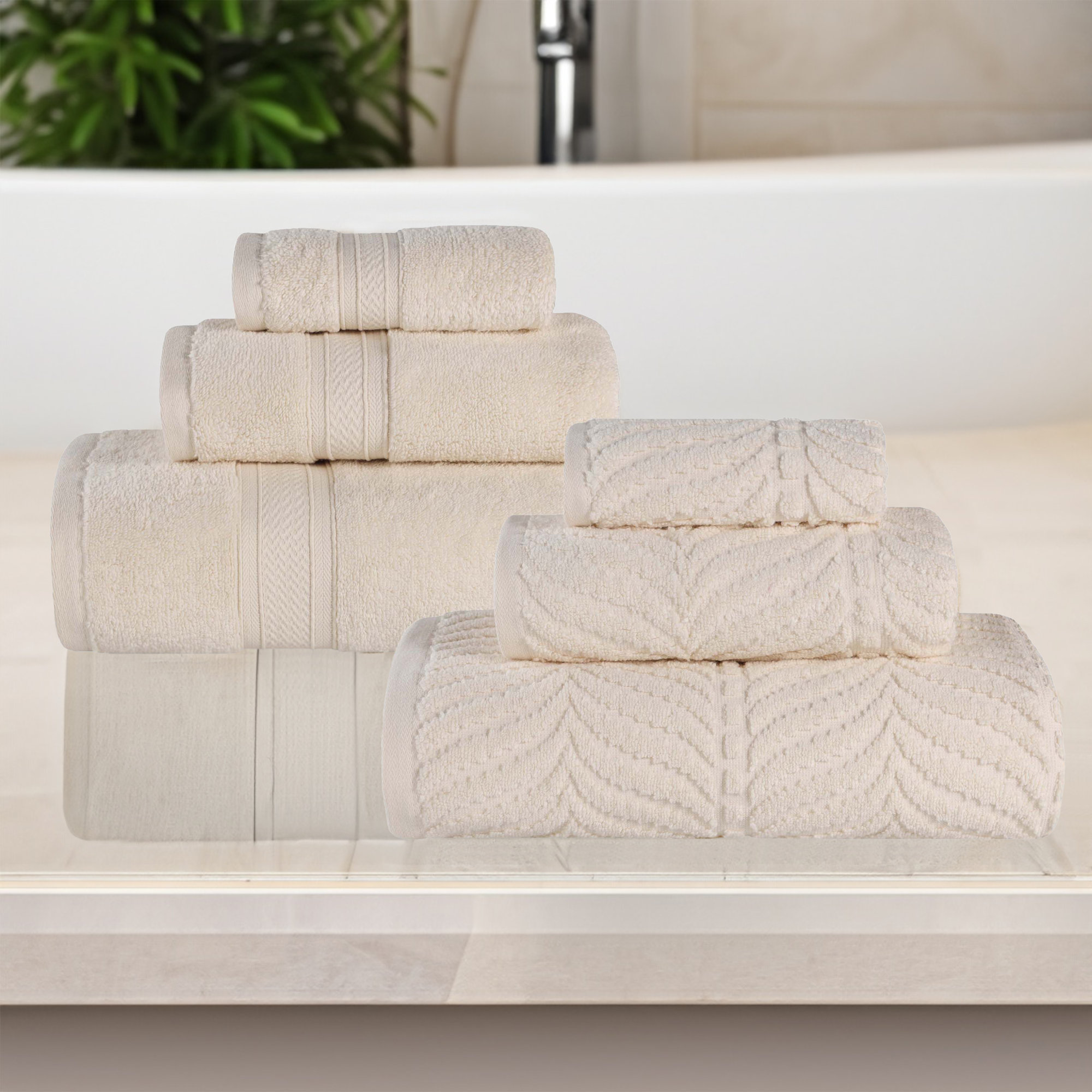 Amaretto Chevron Zero Twist Solid and Jacquard Cotton 6 Piece Bathroom Towel Set, Ivory