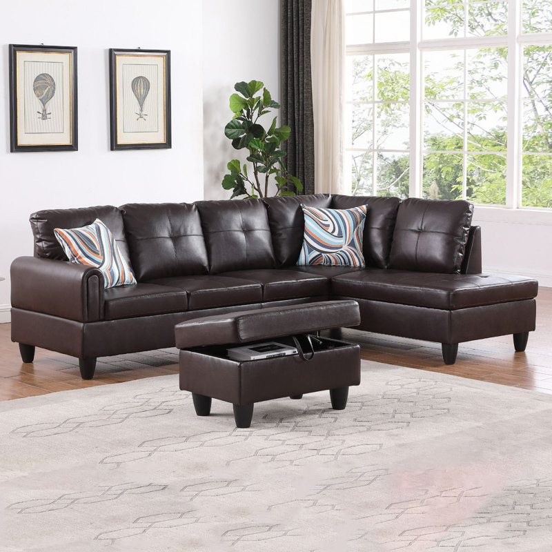 Canapé modulaire 3 pièces Jayzen, Orienté à droite, Similicuir brun, Noir, noir, noir, noir