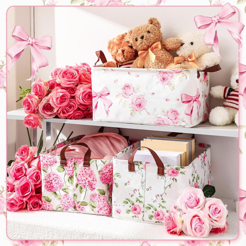 3 Pcs  Hydrangea Foldable Storage Baskets  Flower Laundry Basket With Handles Waterproof Storage Bins Fabric Shelf Baskets For Organizing Closet Clothes