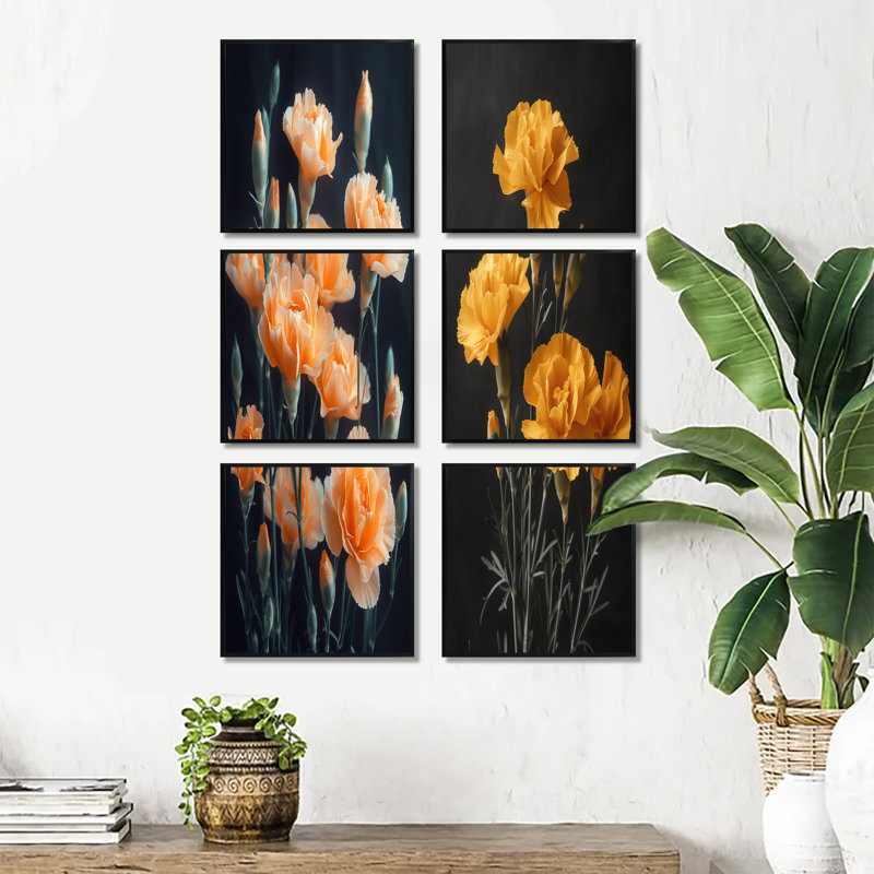 Monochromes jaunes et noirs, œillets, photo de fleurs, œillets, ensemble de salon, ensemble de 6, Noir