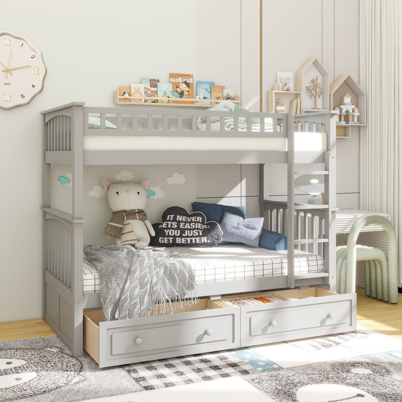 Twin Over Twin Bunk Bed With Drawers, Convertible Beds, Gray, Gray