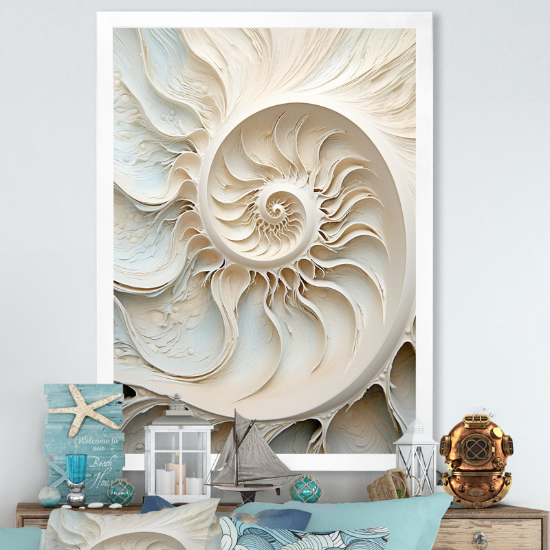 Ivoire Infinity Sea Sheel Spiral sur toile, H 44 po x l 34 po x P 1,5 po, Cadre simple blanc