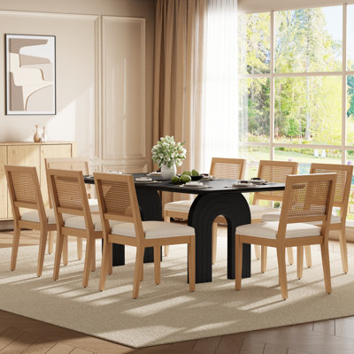 Ensemble de table et de chaises de salle à manger rectangulaires en rotin rembourré, 198 cm (78 po), style ferme mi-siècle, pour coin repas dans la cuisine.