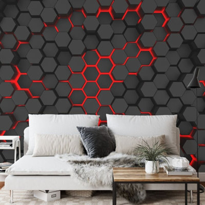 Black 3D Hexagon Honeycomb Wallpaper with Red Glow for Home Decor