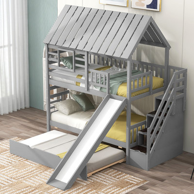Twin Over Twin House Bunk Bed With Trundle And Slide, Storage Staircase, Roof And Window Design