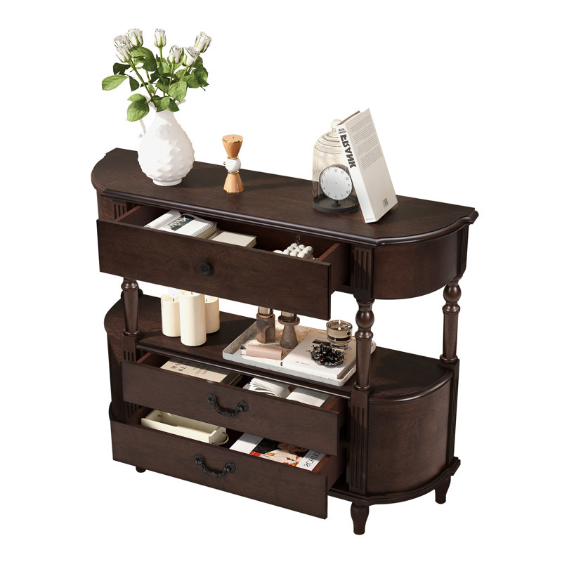 Console en bois massif demi-lune avec tiroirs, canapé incurvé rétro de 43 pouces pour entrée, en pin avec pieds romains et finition espresso