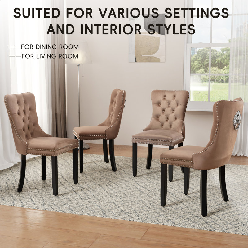Modern Velvet Tufted Solid Wood Kitchen Chairs Upholstered Dining Chairs Set of 8, Brown, Khaki