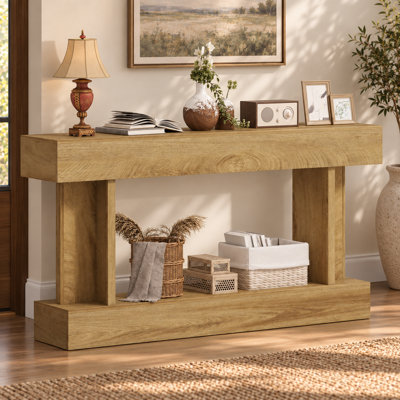 63.18 Inch Oak Entryway Console Table with Storage Shelf, Vintage Sofa Table for Hallway