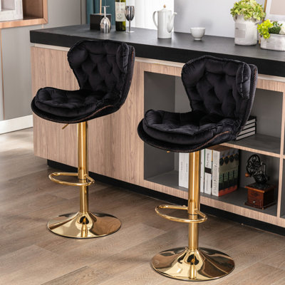 2 tabourets de bar, repose-pieds et base à hauteur réglable, velours + pieds dorés, siège à hauteur froide, hauteur de levage mécanique, base, fauteuil tendance
