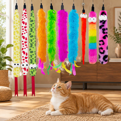 Ensemble de 10 recharges pour baguette à chat avec embouts assortis en forme de ver, de serpent et de plume pour chats d'intérieur