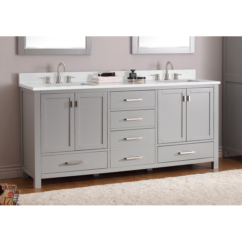 Meuble-lavabo double 72 po avec plateau Souther, Gris givré, Marbre blanc Cala