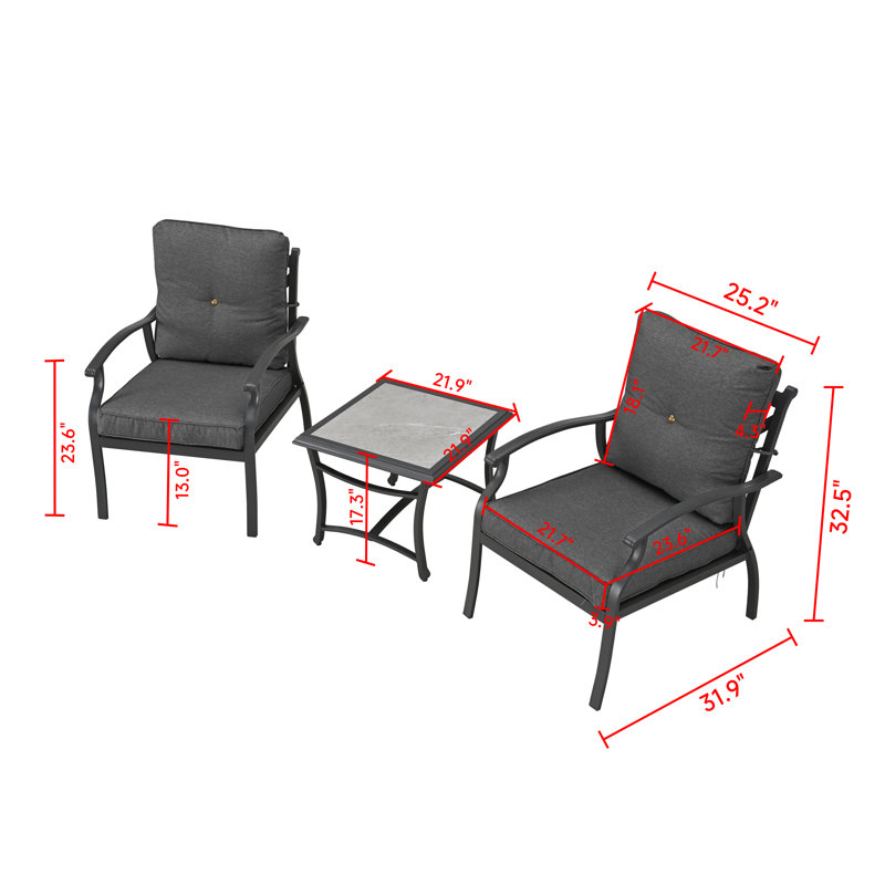 3-Piece Outdoor Chat Set With Cushioned Armchairs And Side Table, Dark Gray