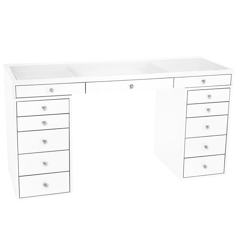Slaystation Pro Premium Makeup Desk with Clear View Glass, Soft Close Drawers with Crystal Lux Knobs, White