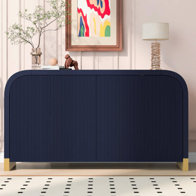 Modern Sideboard With Adjustable Storage Shelves, 4-door Curved Corner Design Wavy Door Panel Cabinet