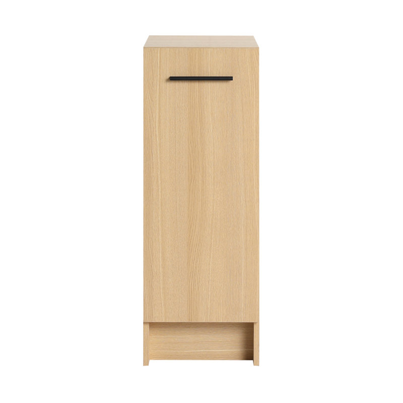 Armoire de rangement autoportante 12 po mince, chêne clair, porte simple, organisateur étroit pour économiser de l'espace, KD, comprend poignées en aluminium noir et brossé