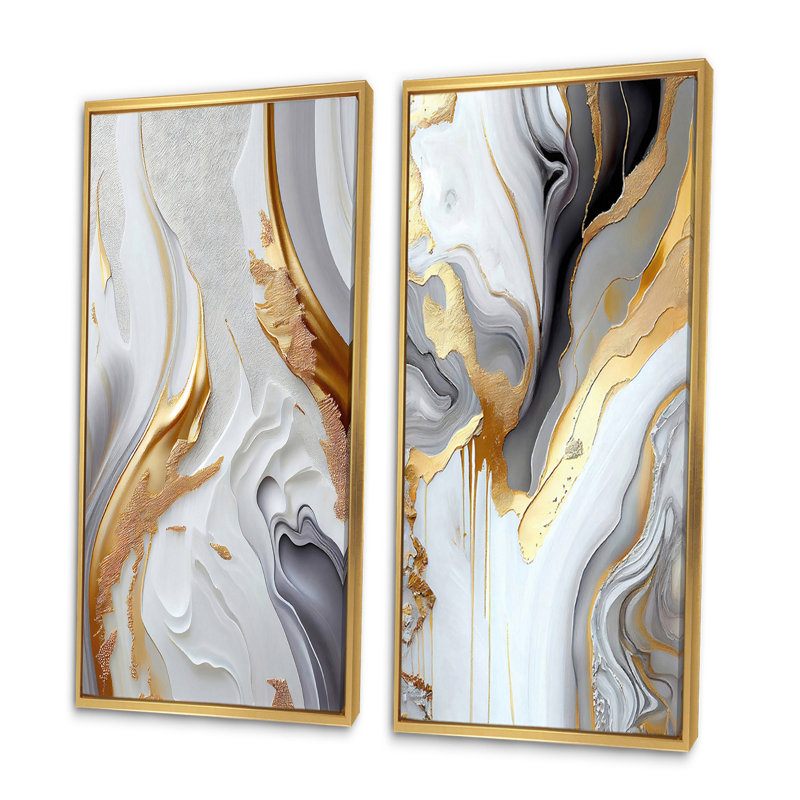 «White And Gold Marble Abstract I», 2 pièces sur toile, Encadrement doré, H 40 po x l 40 po
