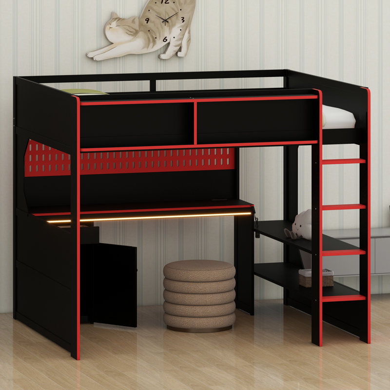 Lit de jeu multifonctionnel avec conception surélevée, bureau, lumières et centrale électrique, Noir et rouge