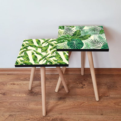 Modern Nesting Table Set (2 Pieces), Green & White, 13.8 x 18.5 x 13.8 in & 13.8 x 16.5 x 13.8 in | 100% MDF with Beech Wood Legs, Stylish Floral Design | Perfect for Living Room & Home Decor