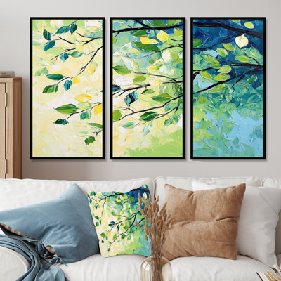 Été, branches vertes dans le vent I - ensemble d'art mural feuilles
