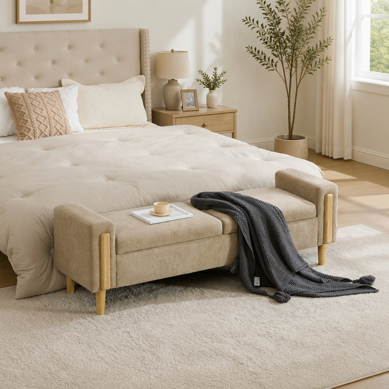 Banc de rangement moderne en chenille avec double couvercle et accoudoirs, Greige, Grège