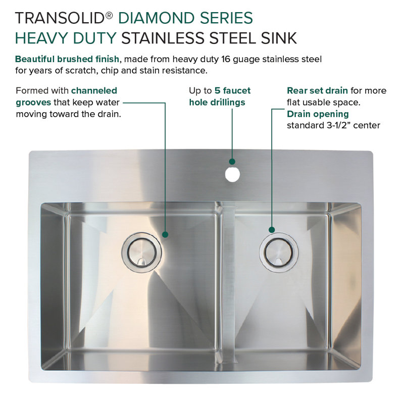 Diamond 33'' L Double Bowl Stainless Steel Kitchen Sink, 1 Hole