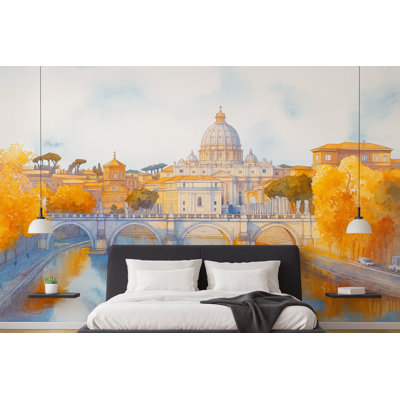 Murale Basilique Saint-Pierre de Rome - Aquarelle, papier peint pont et rivière Vn924 (Peel-N-Stick) VN924