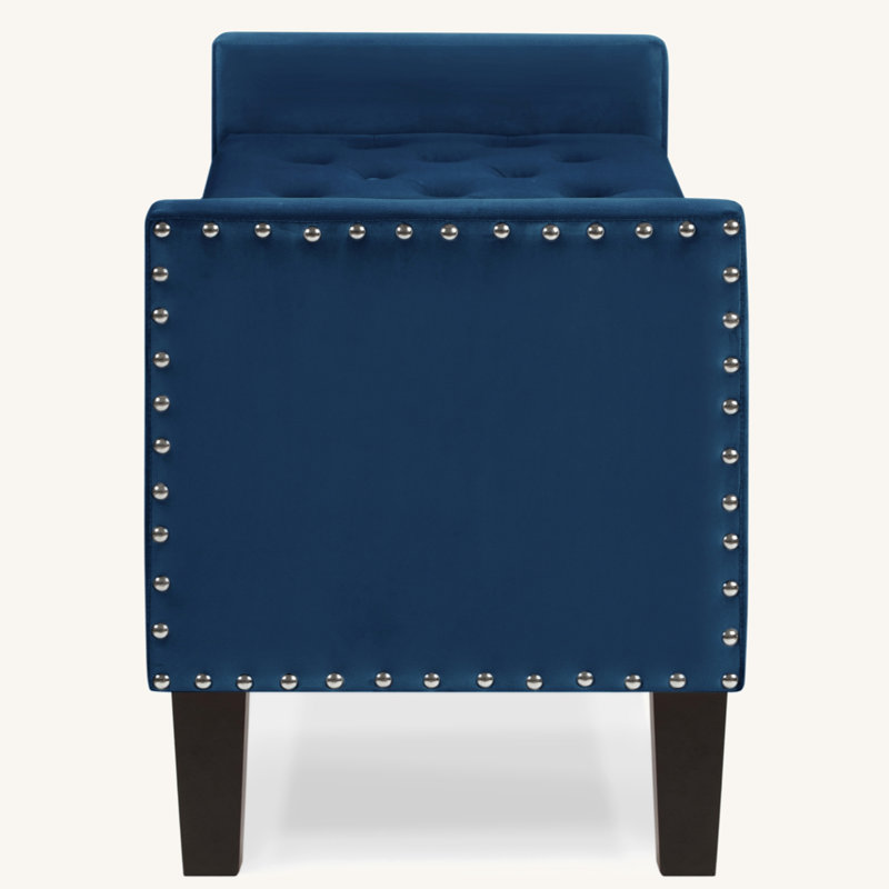 Upholstered Tufted Button Storage Bench With Nails Trim,Entryway Living Room Soft Padded Seat With Armrest,Bed Bench -Navy